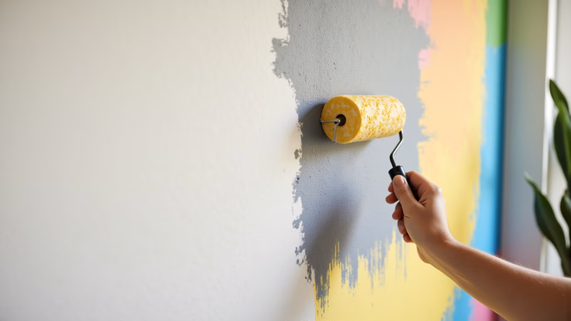 Aplicação de textura com rolo em parede da sala.