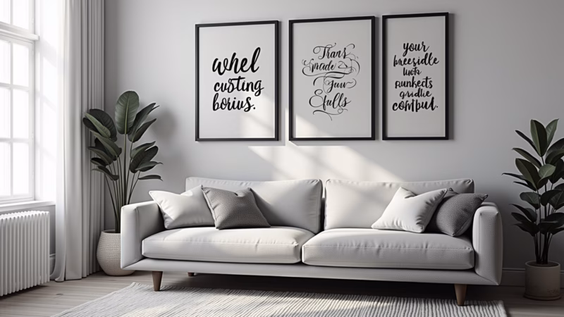 Sala em preto e branco com parede de quadros e fotos.