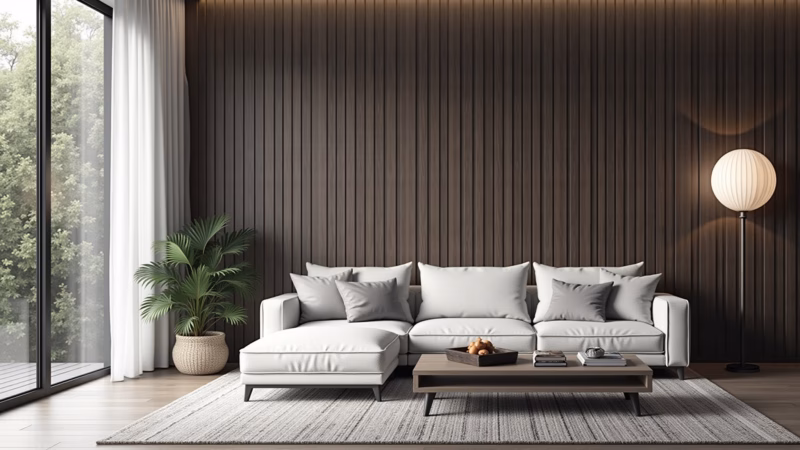 Sala em preto e branco com painel de madeira aconchegante.