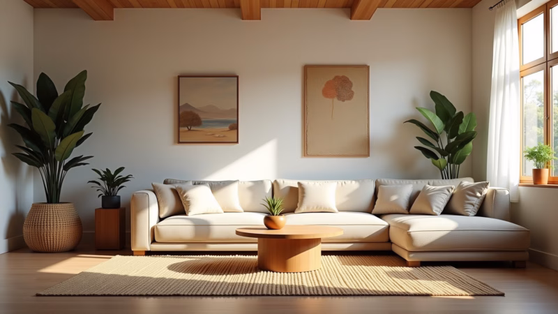 Bright, airy living room, Brazilian design, large sofa, natural light, plants, art, lifestyle Sala grande decorada com estilo brasileiro, sofá amplo e iluminação natural.