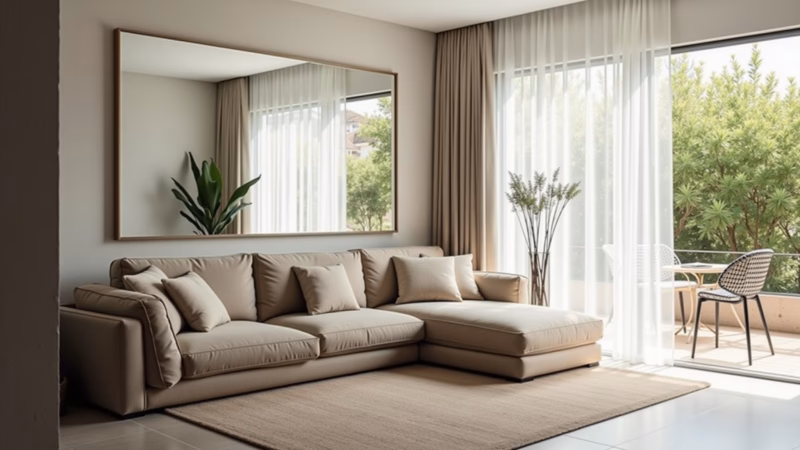 Bright living room, large mirror, natural light, reflective surfaces, spacious feel, lifestyle Sala de estar ampla e iluminada com espelhos grandes.