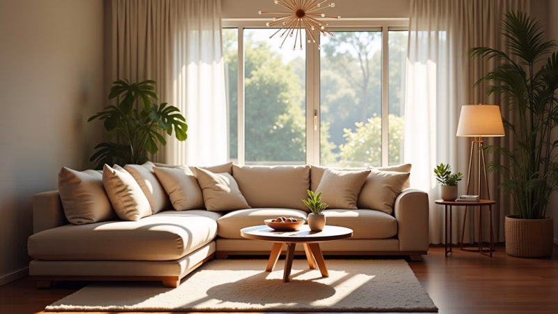 Bright living room, natural light, layered lighting, floor lamp, table lamp, chandelier, lifestyle Sala de estar ampla com iluminação natural e diferentes fontes de luz.