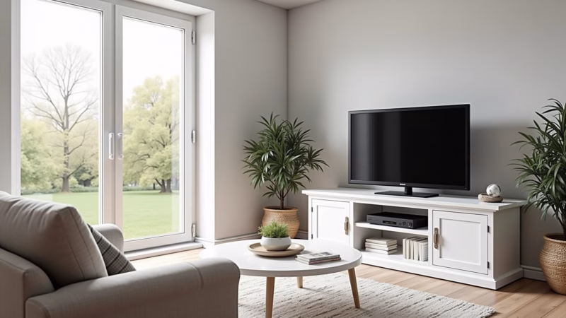 Bright living room, Scandinavian style, featuring a TV rack made of pine wood, painted white, Rack de TV de pinus pintado de branco em sala iluminada.