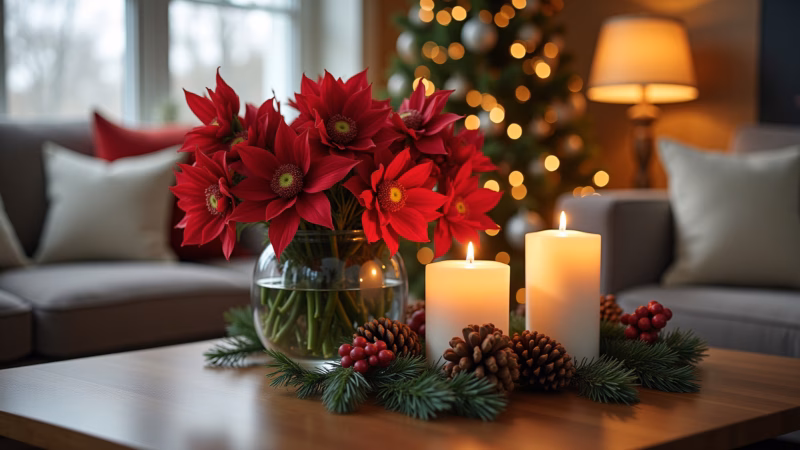Mesa de centro decorada para o Natal com velas e flores.