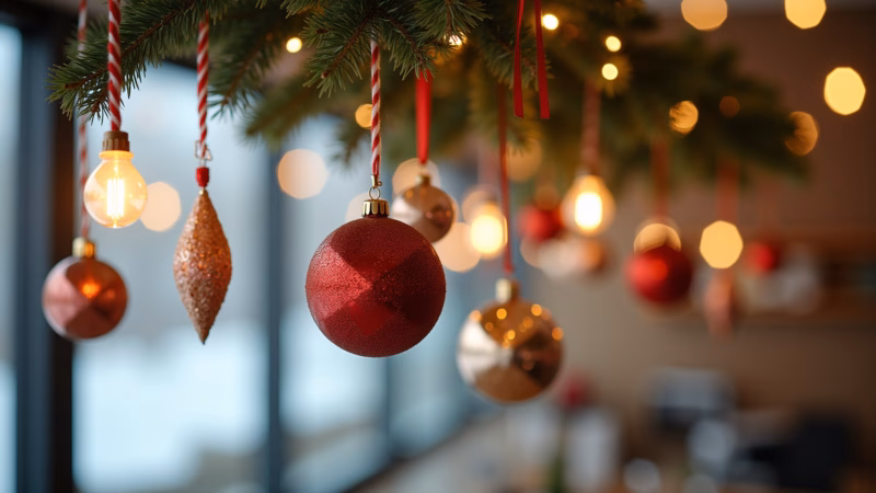 Enfeites de Natal pendurados no teto da sala.