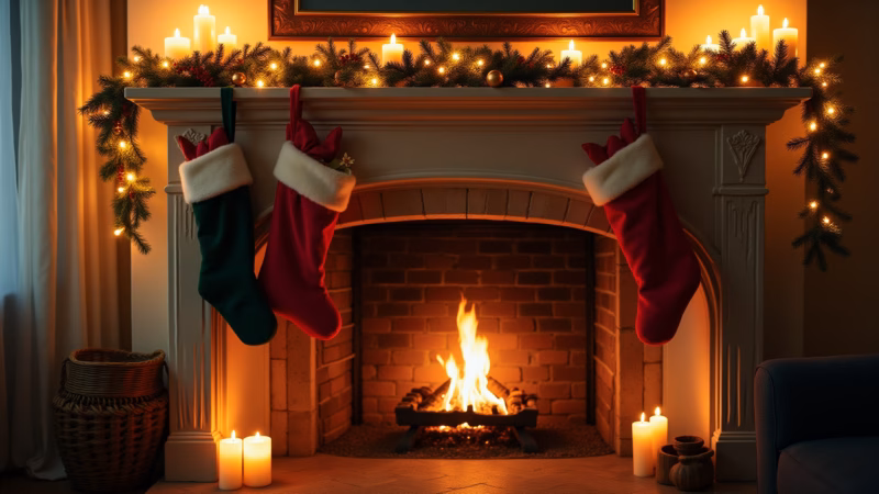 Lareira decorada para o Natal com velas e guirlandas.