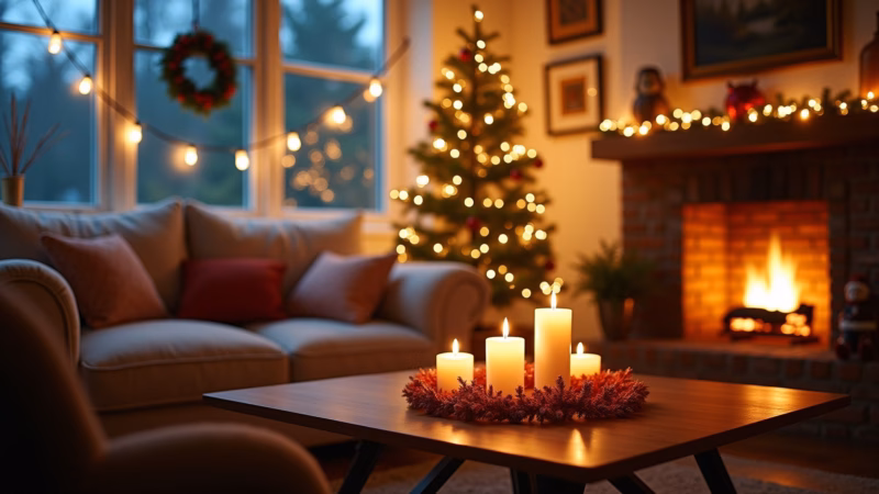 Iluminação aconchegante de Natal com luzinhas e velas.