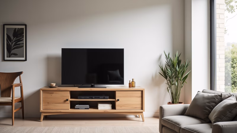 Coastal living room, featuring a TV rack made of ipê wood, resistant to moisture, showcasing its Rack de TV de madeira ipê resistente à umidade.