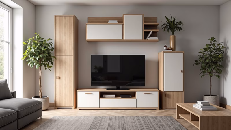 Cozy apartment, Scandinavian design, featuring a TV rack made of MDP with a light wood finish, Rack de TV de MDP com acabamento em madeira clara.