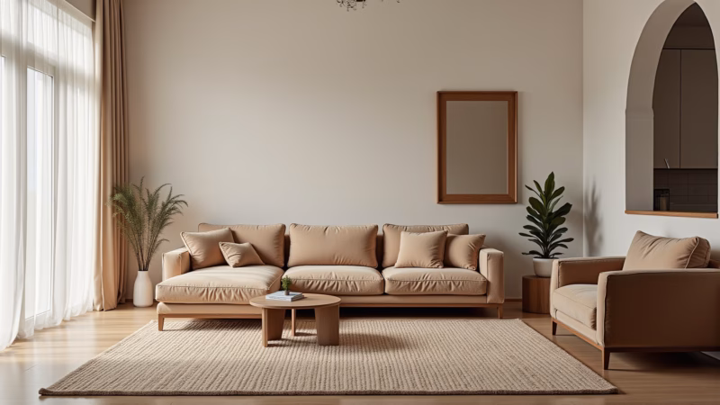 Cozy living room, large rug, patterned rug, neutral colors, soft textures, lifestyle photography, Sala de estar espaçosa com tapete grande e aconchegante.