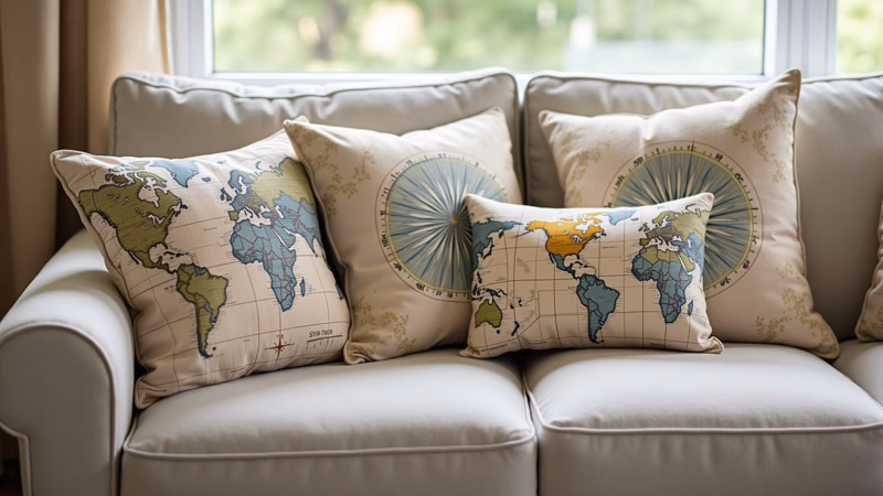 Cozy living room, travel-themed cushions with map and compass prints, comfortable sofa, natural Almofadas temáticas de viagem na sala.