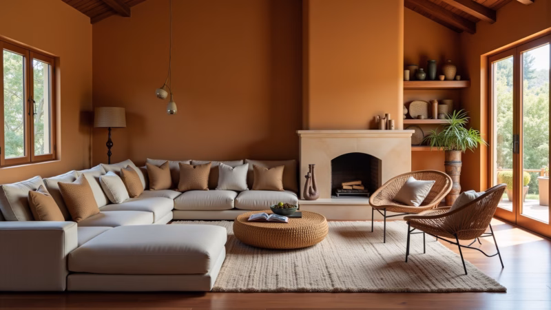 Cozy living room, warm colors, textured cushions, soft rug, fireplace, natural light, lifestyle Sala de estar aconchegante com cores quentes e texturas convidativas.