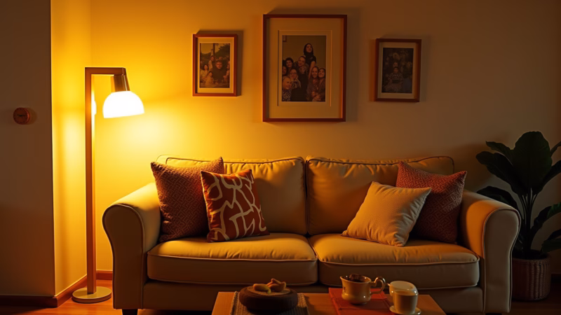 Sala aconchegante com luz de LED amarelada.