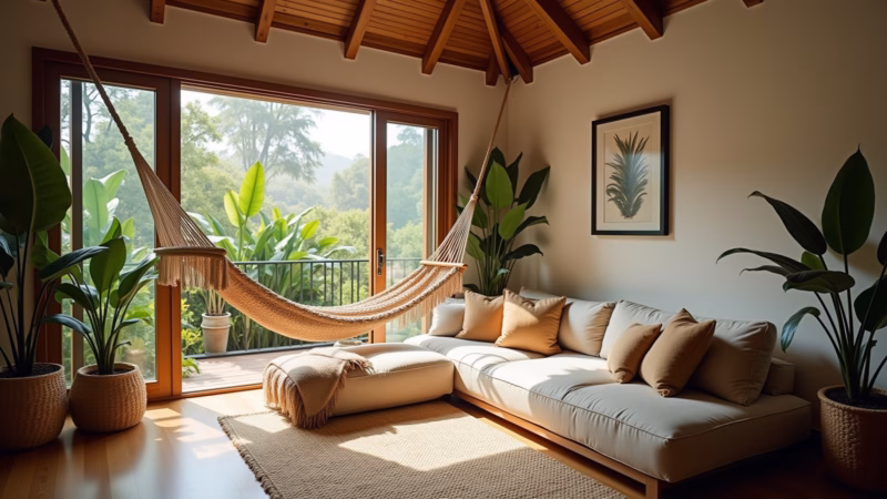 Sala decorada com rede de descanso aconchegante.