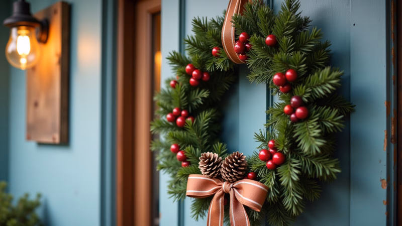 Guirlanda de Natal feita à mão com pinhas e laços.