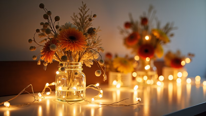 Dried flower arrangements wrapped in fairy lights, long-lasting beauty, romantic effect, Brazilian Arranjos de flores secas decorados com fio de fada.