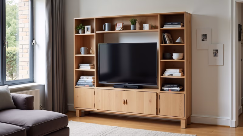 Eclectic living room, featuring a custom-made TV rack with a unique design, showcasing its Rack de TV de madeira sob medida com design exclusivo.