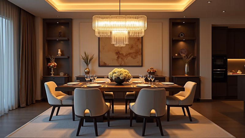 Lustre de LED elegante na sala de jantar.