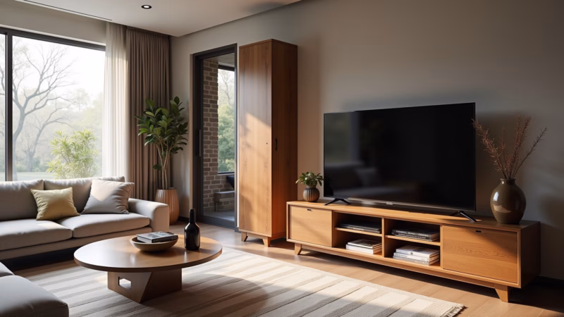Elegant living room, mid-century modern style, featuring a solid wood TV rack made of Brazilian Rack de TV de madeira maciça em sala de estar moderna.