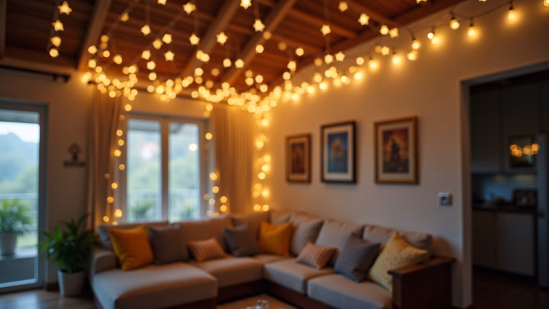 Fairy lights hanging from living room ceiling, creating a starry sky effect, relaxing atmosphere, Teto da sala decorado com fios de fada criando um céu estrelado.