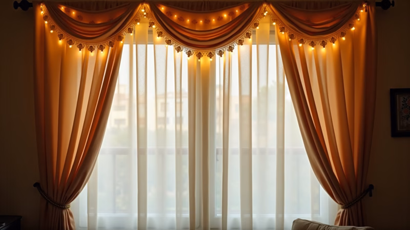 Fairy lights inside curtain valance, soft romantic light, cozy living room, light fabric curtains, Cortineiro iluminado com fio de fada em sala aconchegante.
