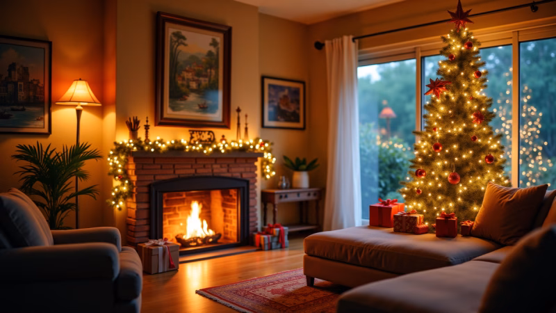 Sala decorada para Natal com árvore de galhos e presentes.