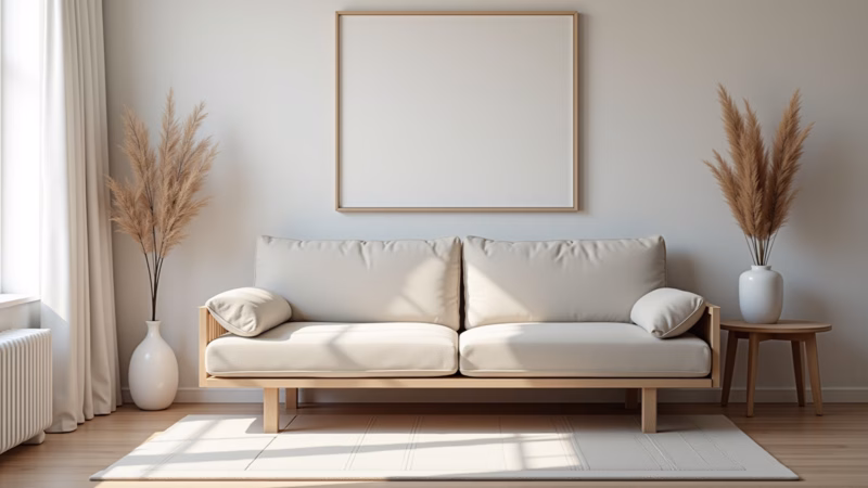 Futon e estilo minimalista em sala clean.