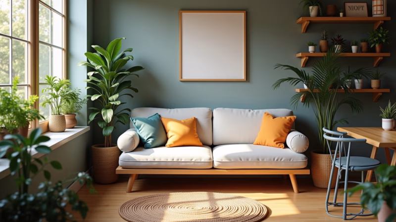 Futon e plantas trazendo natureza para a sala.