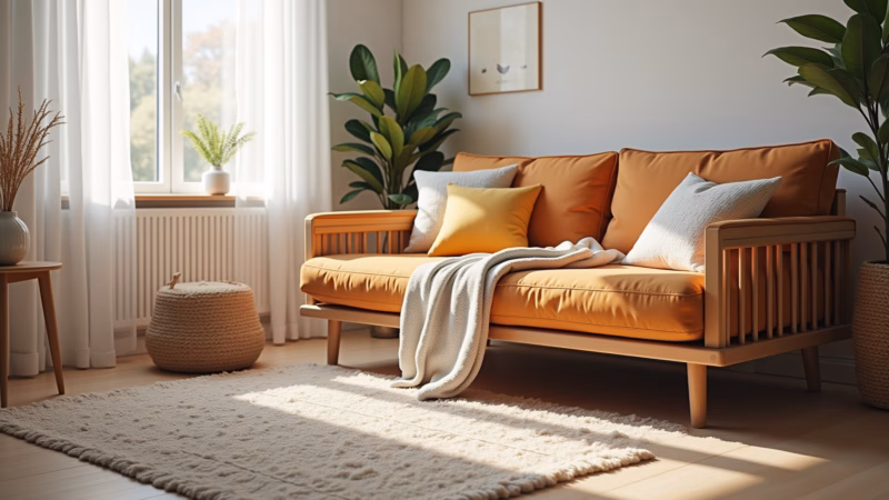Futon e tapete delimitando espaço em sala.