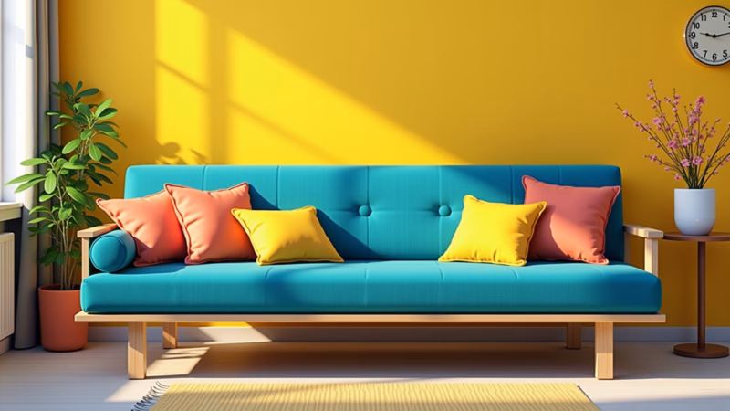 Futon e cores vibrantes na decoração da sala.