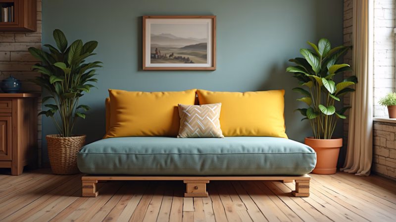 Futon sobre pallets com estilo rústico e moderno.