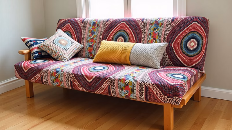 Futon com almofadas de crochê e estampas étnicas.