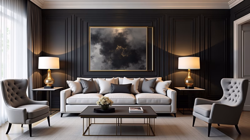 Sala glamourosa em preto e branco com detalhes dourados.