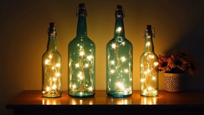 Glass bottles with fairy lights inside, creating custom lamps, Brazilian home decor, unique, Garrafas de vidro reaproveitadas como luminárias com fio de fada.