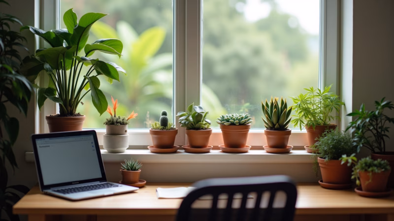 Home office com plantas na sala.