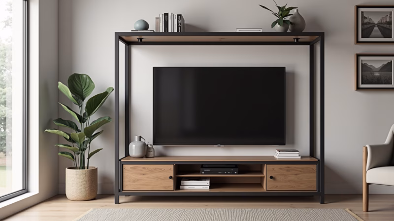 Industrial style living room, featuring a TV rack with a metal frame and wooden shelves, showcasing Rack de TV com estrutura de metal e prateleiras de madeira.