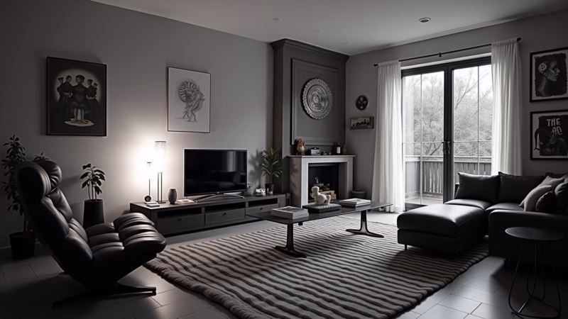 Sala Tumblr em preto e branco com luzes de LED.