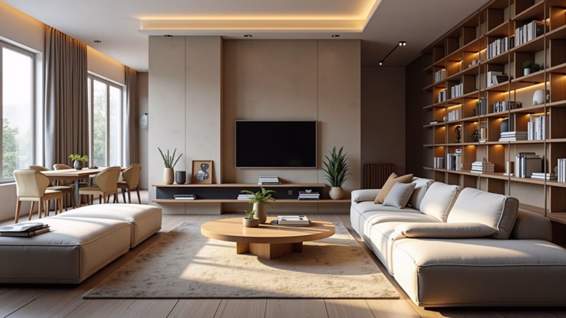 Large living room, divided spaces, seating area, dining area, bookshelf, rug, lifestyle Sala de estar grande com espaços delimitados para diferentes atividades.