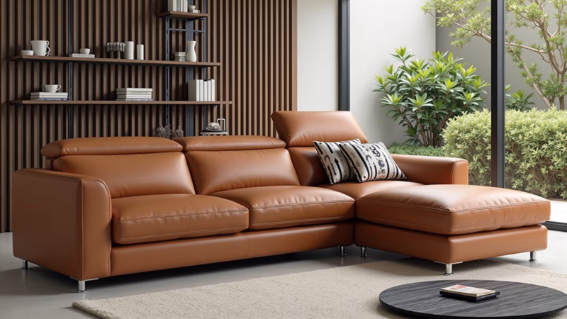 Sofá modular de couro elegante e durável.