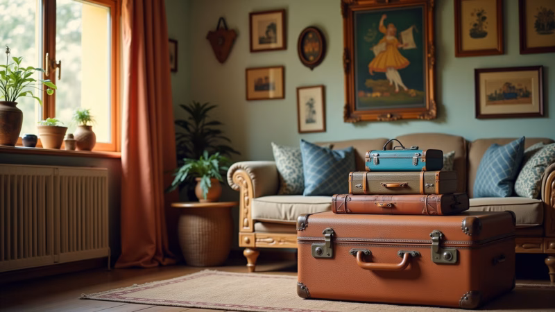 Living room corner with travel souvenirs, vintage suitcase, Brazilian crafts, warm lighting, Cantinho com lembranças de viagens na sala.
