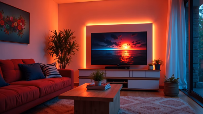 Fita de LED atrás do painel da TV na sala.