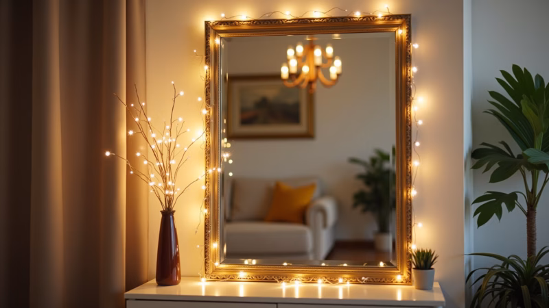 Living room mirror surrounded by fairy lights, reflecting light, spacious feeling, Brazilian home Espelho grande na sala iluminado com fio de fada.