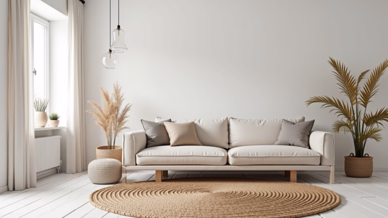 Tapete de sisal cru em sala com paredes brancas e decoração minimalista.
