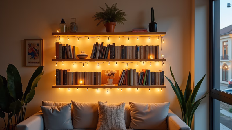 Living room shelves with fairy lights around books and decor, soft charming light, Brazilian Prateleiras iluminadas com fio de fada e objetos decorativos.