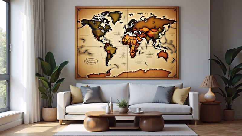Living room with a large vintage world map as a wall centerpiece, Brazilian design, natural light, Sala decorada com mapa mundi vintage.