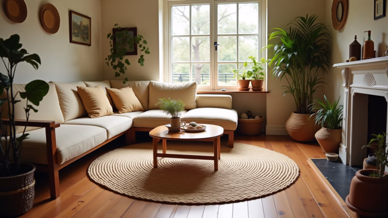 Sala de estar com tapete de sisal rústico e decoração brasileira.