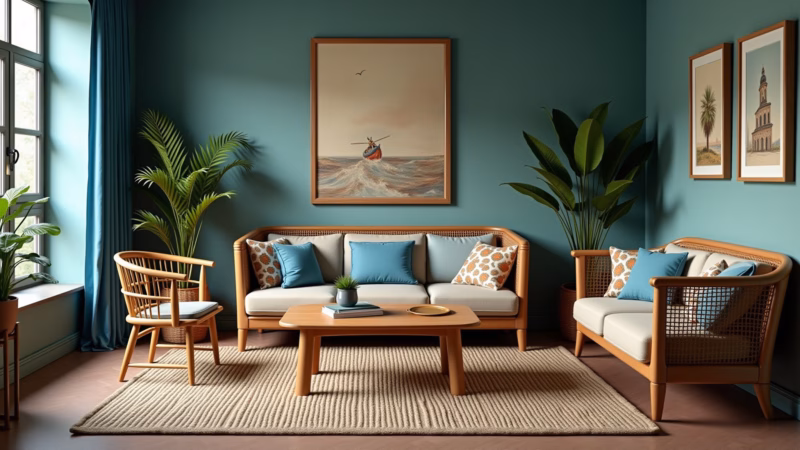 Living room with blue, green, and earth-tone decor, wooden furniture, plants, natural light, Sala com cores da natureza e tema viagem.