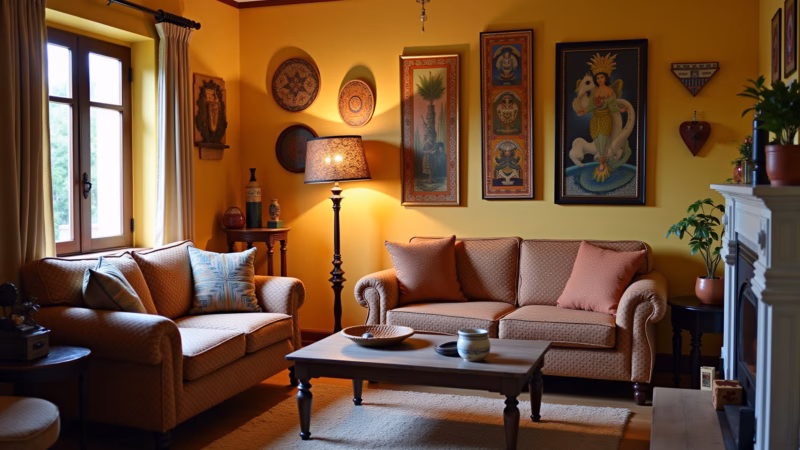 Living room with Brazilian crafts, ceramics, travel souvenirs, cultural decor, warm lighting, Objetos de artesanato na decoração da sala.