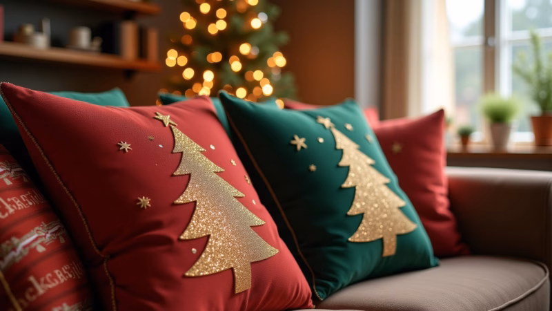 Almofadas temáticas de Natal em sala aconchegante.