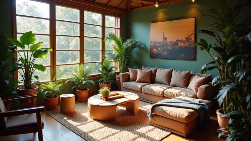 Living room with exotic plants, palm trees, ferns, Brazilian decor, natural light, travel theme, Plantas exóticas na decoração da sala.
